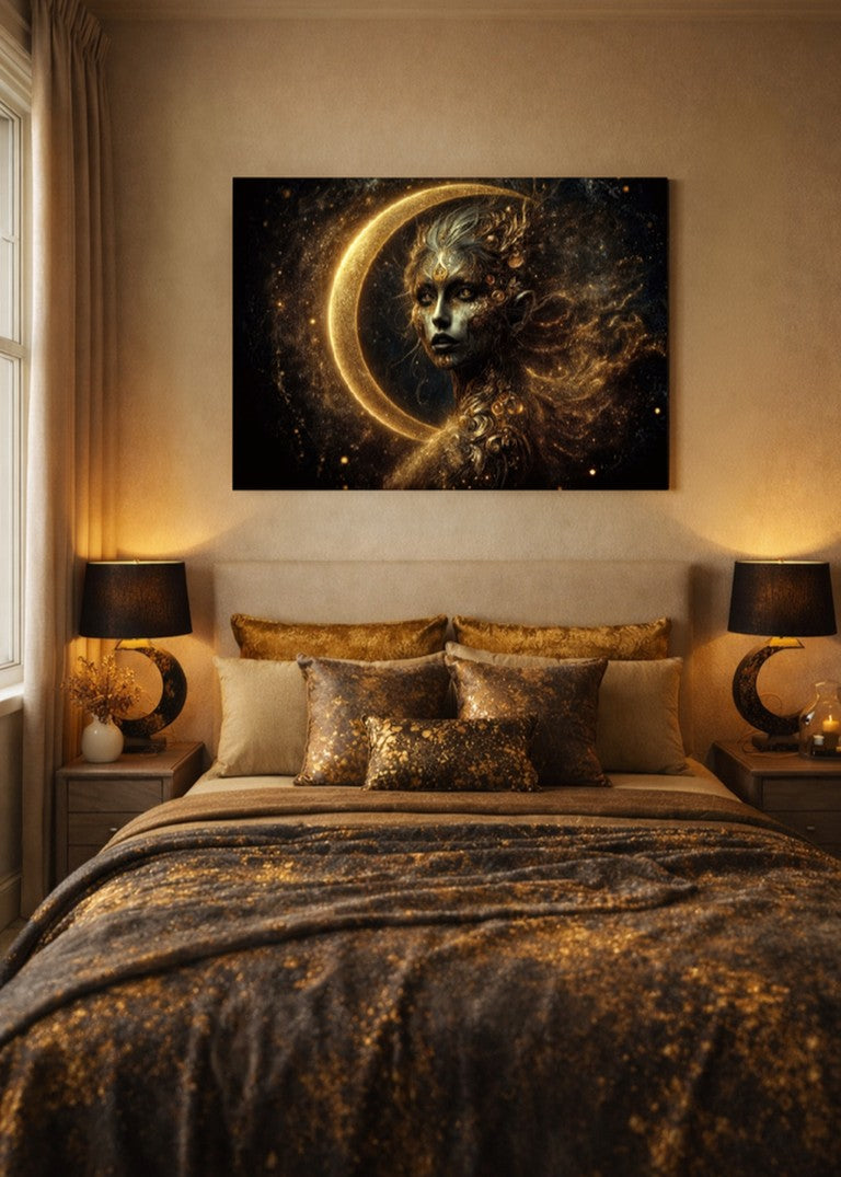 Affiche premium d'art contemporain représentant  un portrait de femme cosmique incandescent avec une éclipse lumineuse dorée et une aura stellaire dans une chambre à la décoration cosmique sur un mur beige - SEVEIA