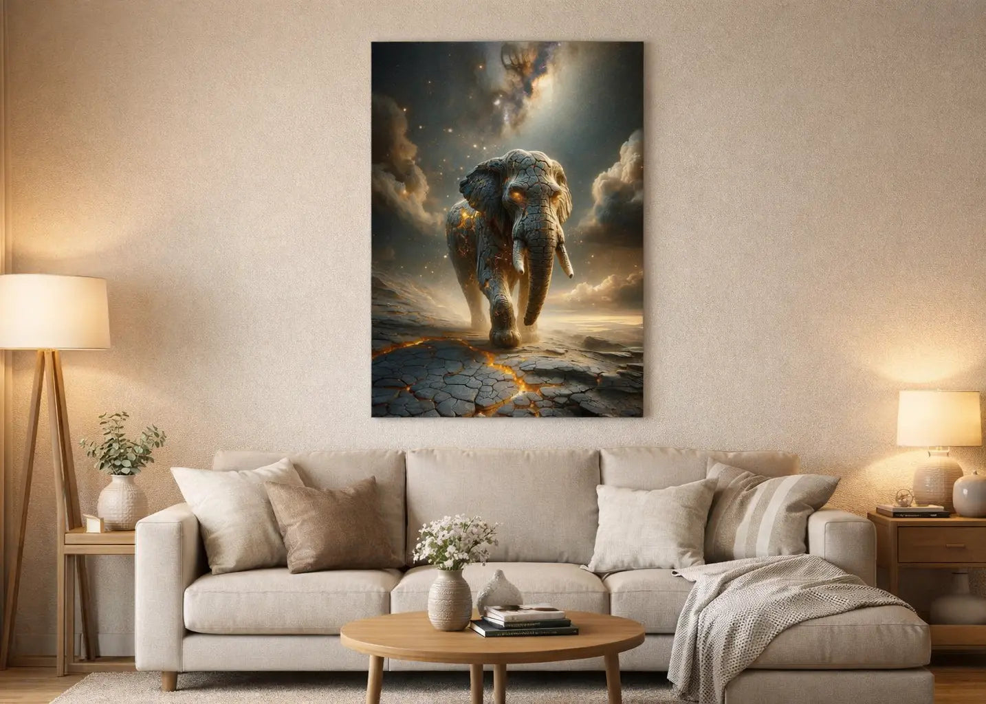 poster d'art contemporain représentant un éléphant en lave craquelée dans un intérieur minimaliste  aux teintes beiges et bois, décoration murale artistique aux couleurs grises et or – SEVEIA