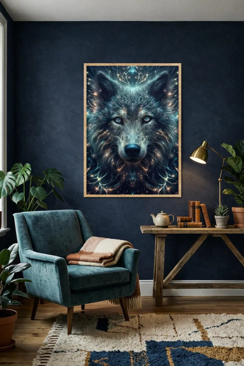 Poster encadré d'art contemporain représentant un loup cosmique lumineux avec motifs stellaires et énergie céleste dans un environnement salon cosy sur un mur bleu nuit - SEVEIA