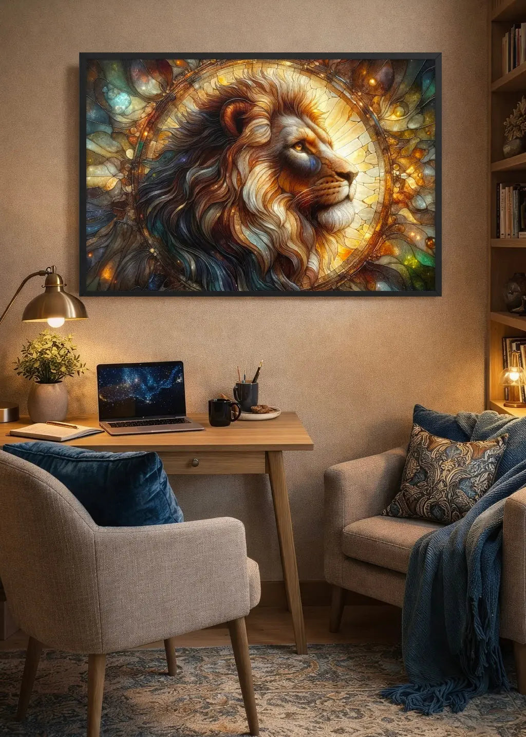 Affiche premium encadré vitrail tête de lion avec halo doré dans un intérieur bureau cosy sur un mur beige, style totem symbolique contemporain - SEVEIA.