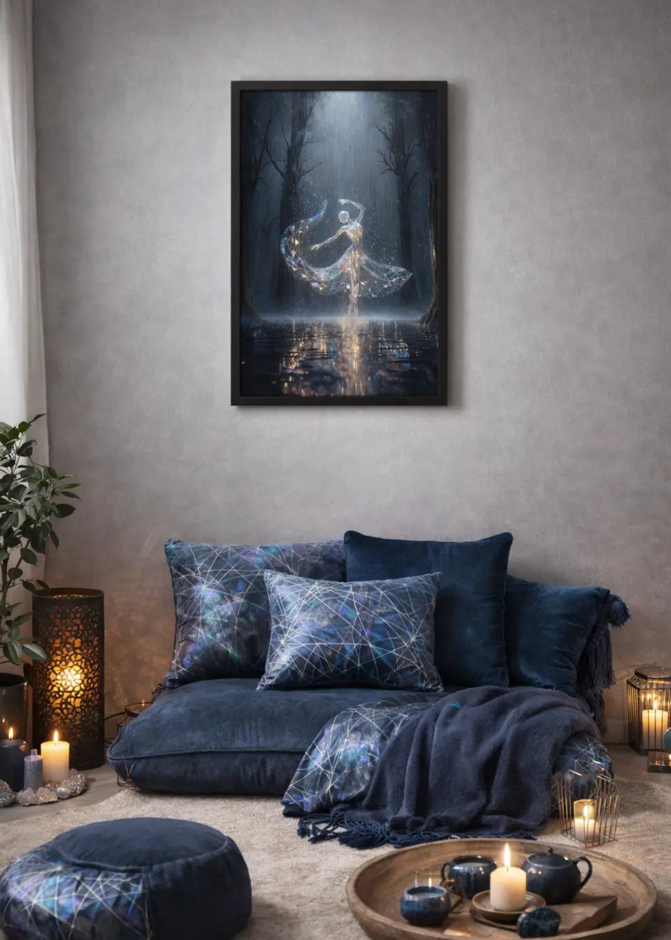Affiche encadrée premium d'une danseuse lumineuse en robe cristalline dans une forêt sombre dans un intérieur espace de méditation cosy sur un mur gris clair. Art symbolique de transformation et d’énergie intérieure. Art symbolique contemporain SEVEIA.