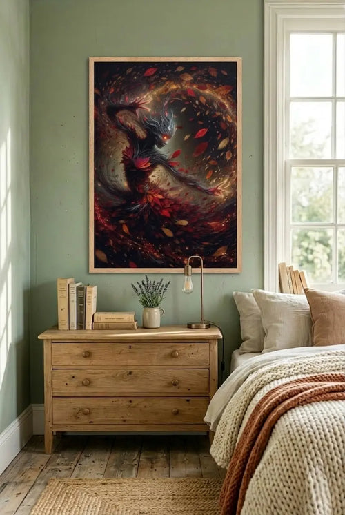 poster premium encadré d'art contemporain représentant une femme végétale entourée de feuilles d'automne dans un intérieur minimaliste vert et bois, décoration murale artistique aux tons naturels rouges et organiques – SEVEIA