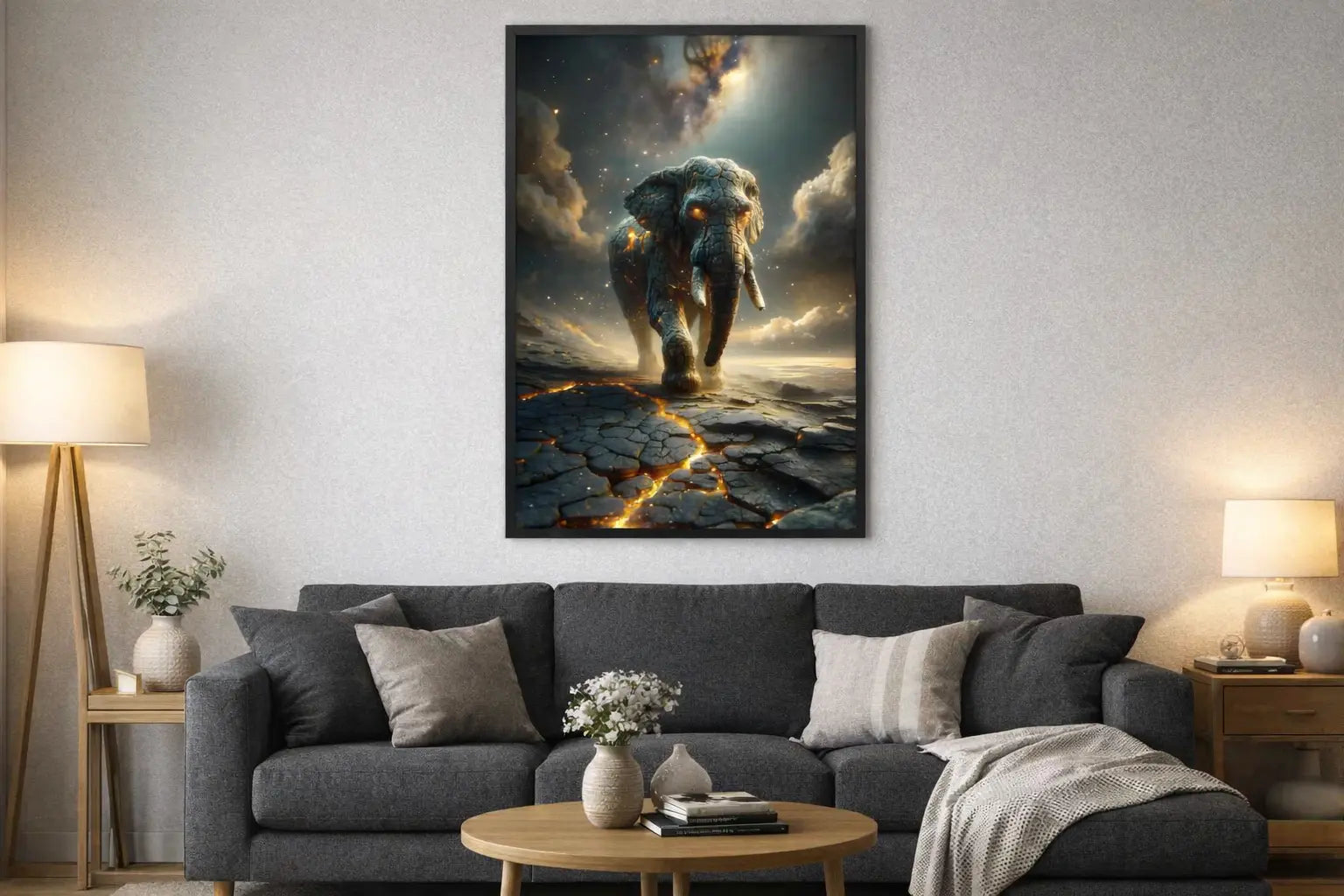 poster encadré d'art contemporain représentant un éléphant en lave craquelée dans un intérieur minimaliste  aux teintes grises et bois, décoration murale artistique aux couleurs grises et or – SEVEIA