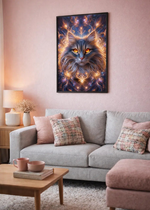 Affiche premium encadrée d'un chat cosmique aux yeux lumineux avec motifs énergétiques colorés dans un intérieur salon moderne cosy sur un mur rose poudré. Art symbolique sur l’intuition et le mystère. Art symbolique contemporain SEVEIA.