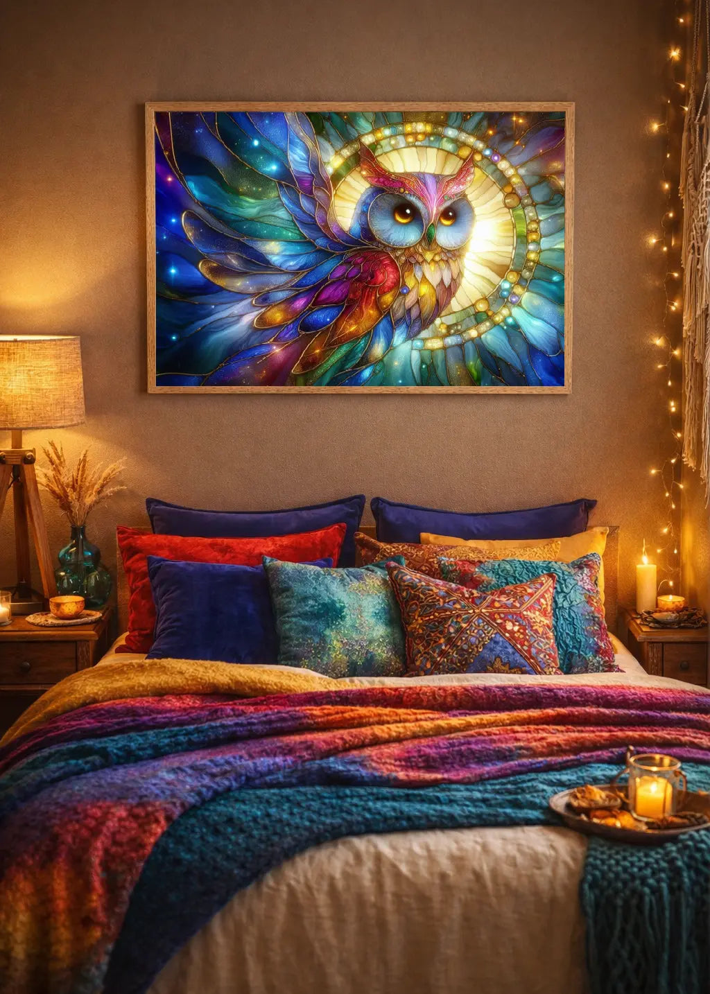 Affiche premium encadrée d'un hibou vitrail doré sur fond circulaire lumineux, dans un intérieur chambre bohème colorée sur un mur marron glacé, style art symbolique contemporain - SEVEIA.