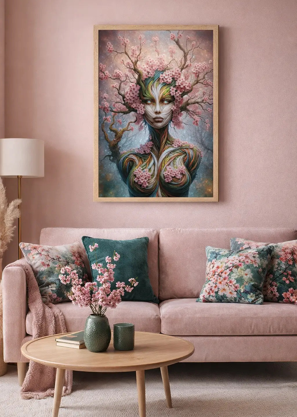 poster encadré d'art contemporain représentant une femme végétale entourée de fleurs de cerisier, dans un intérieur salon moderne cosy sur un mur rose poudré. Oeuvre symbolique aux tons naturels roses et organiques – SEVEIA