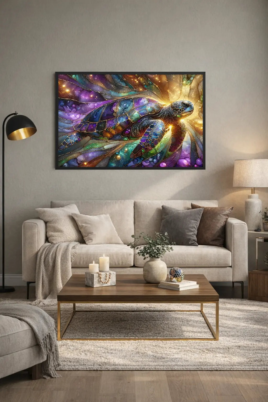 poster encadré d'art contemporain représentant une tortue violette et verte, effet vitrail dans un intérieur minimaliste gris et beige, décoration murale artistique aux couleurs vives – SEVEIA