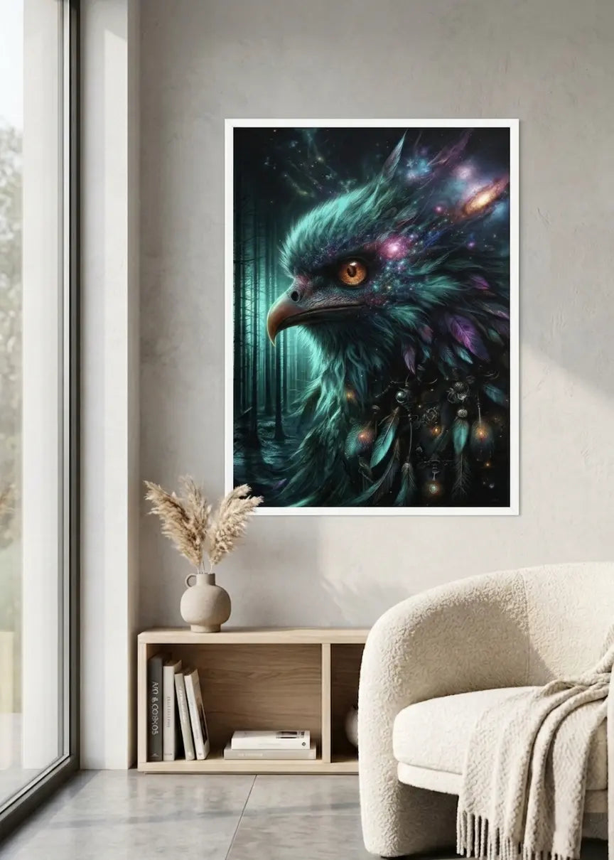 poster encadré d'art contemporain représentant un oiseau aux plumes bleues vertes et violettes dans une forêt, œuvre symbolique dans un intérieur moderne sur un mur gris clair – SEVEIA 