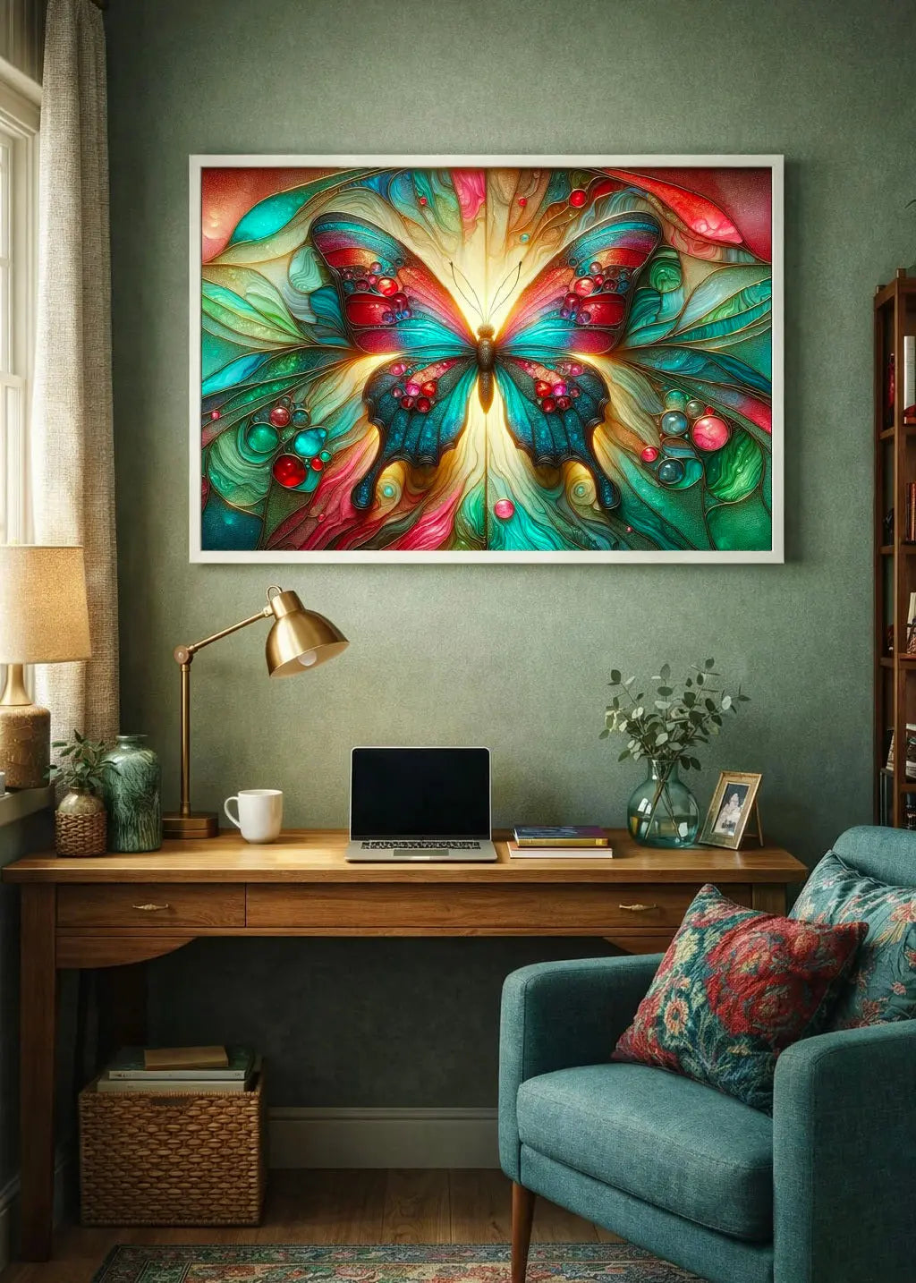 Affiche encadrée vitrail papillon multicolore avec halo doré, symbole de métamorphose dans un intérieur bureau cosy sur un mur vert sauge, art symbolique contemporain - SEVEIA.