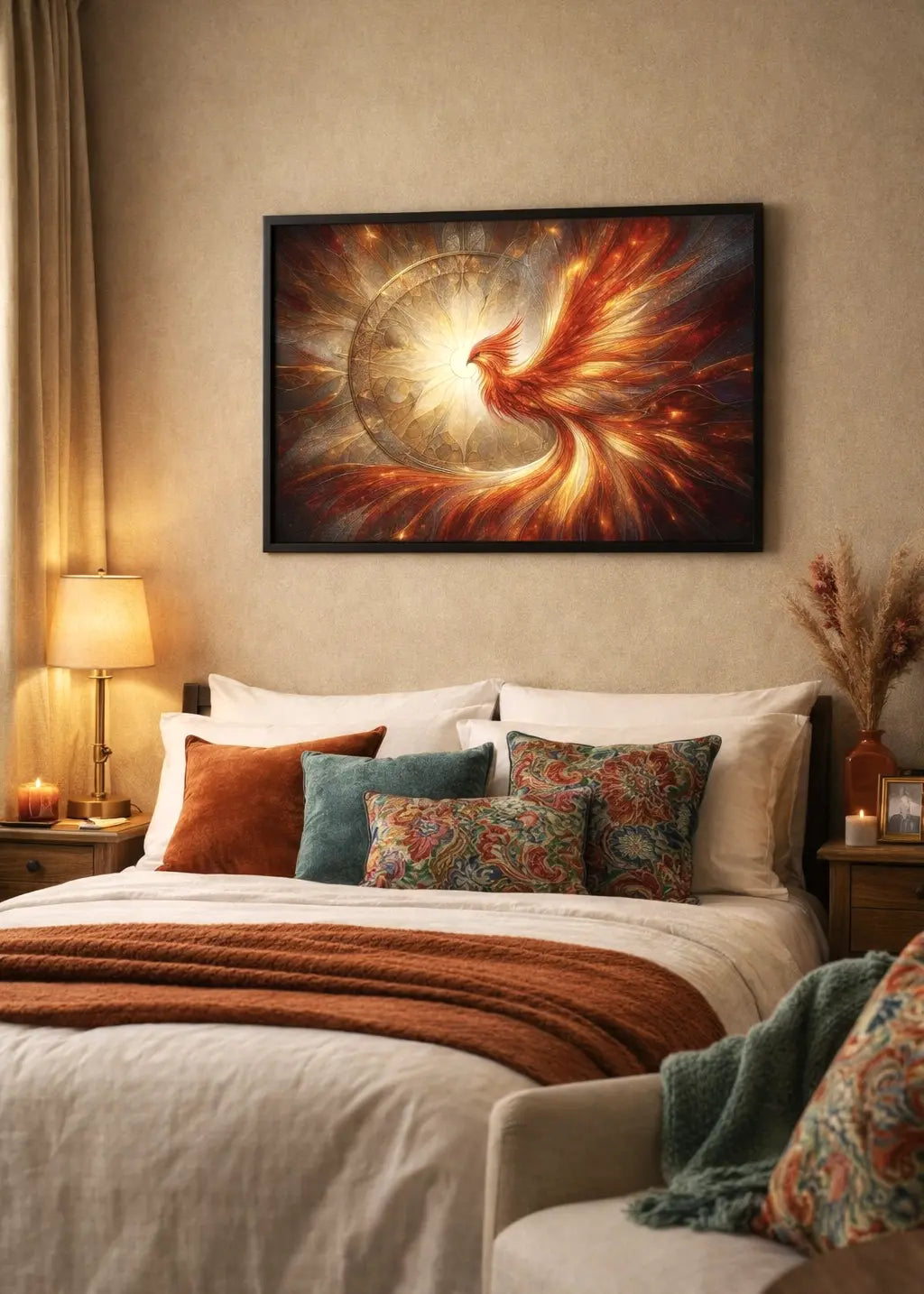 Affiche encadrée premium vitrail phénix rouge et or, explosion lumineuse centrale, symbole de renaissance dans un intérieur chambre cosy minimaliste sur un mur beige. Art symbolique contemporain - SEVEIA.