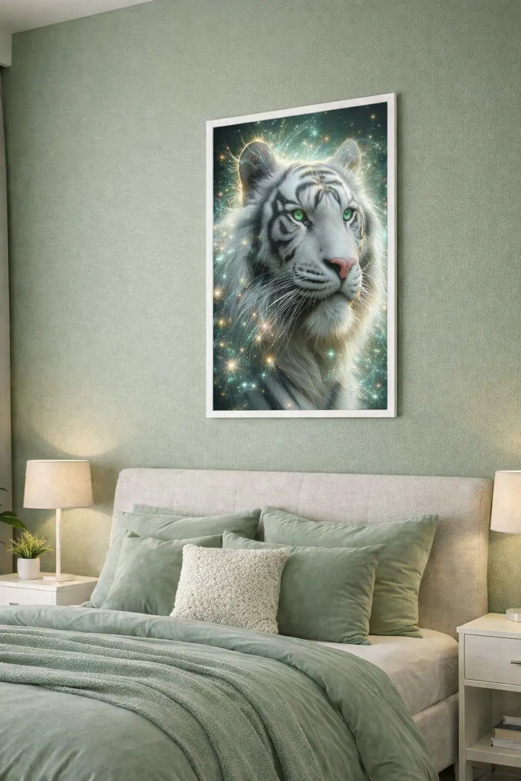 Affiche premium encadrée d'un tigre blanc cosmique avec regard intense vert entouré d’étoiles dans un intérieur chambre moderne cosy sur un mur vert sauge. Art symbolique de puissance et de maîtrise intérieure. Art symbolique contemporain SEVEIA.