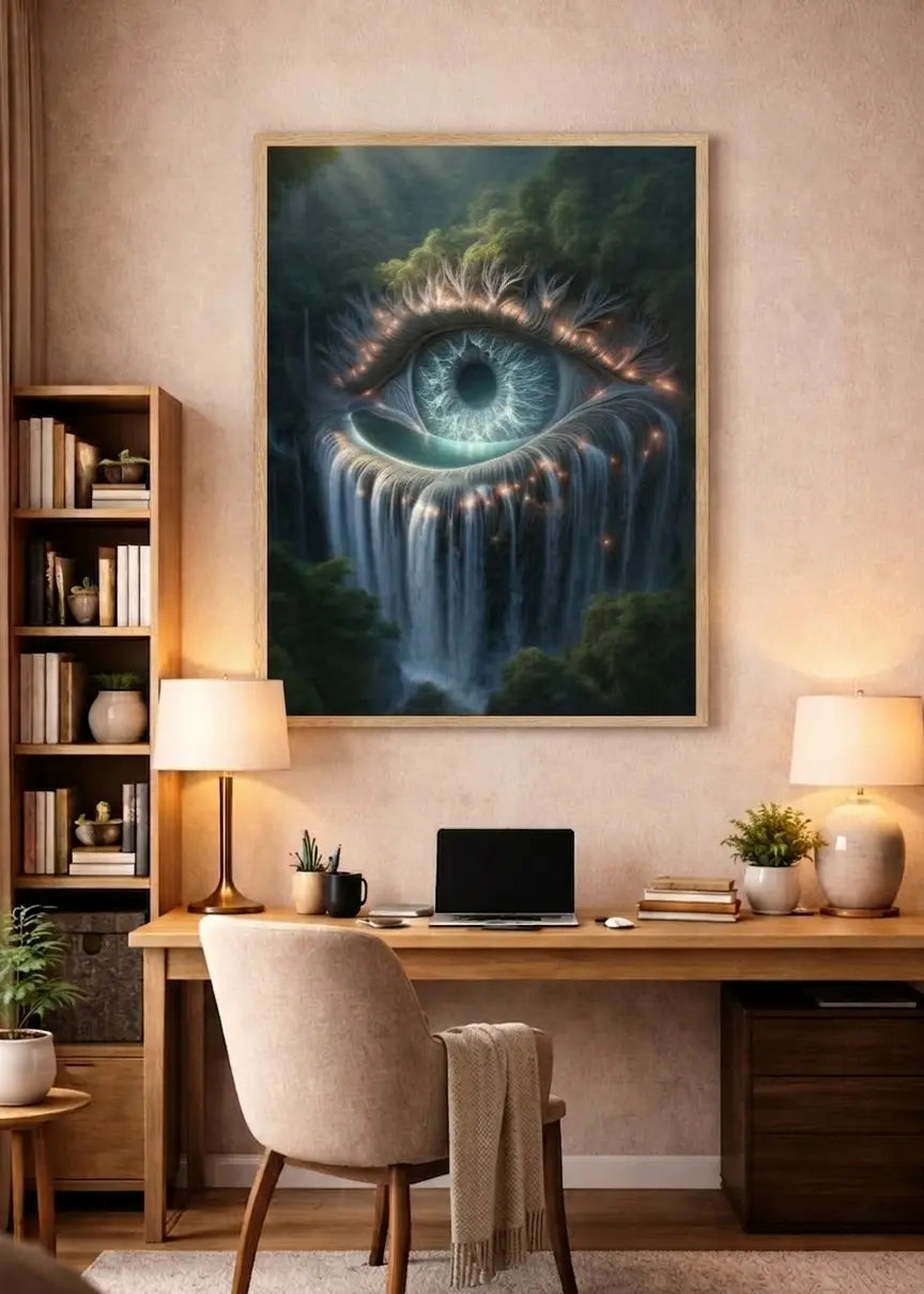 poster premium encadré d'art contemporain représentant un oeil dans la forêt dont les larmes sont une cascade, dans un intérieur minimaliste terracota, décoration murale artistique aux tons naturels et organiques – SEVEIA