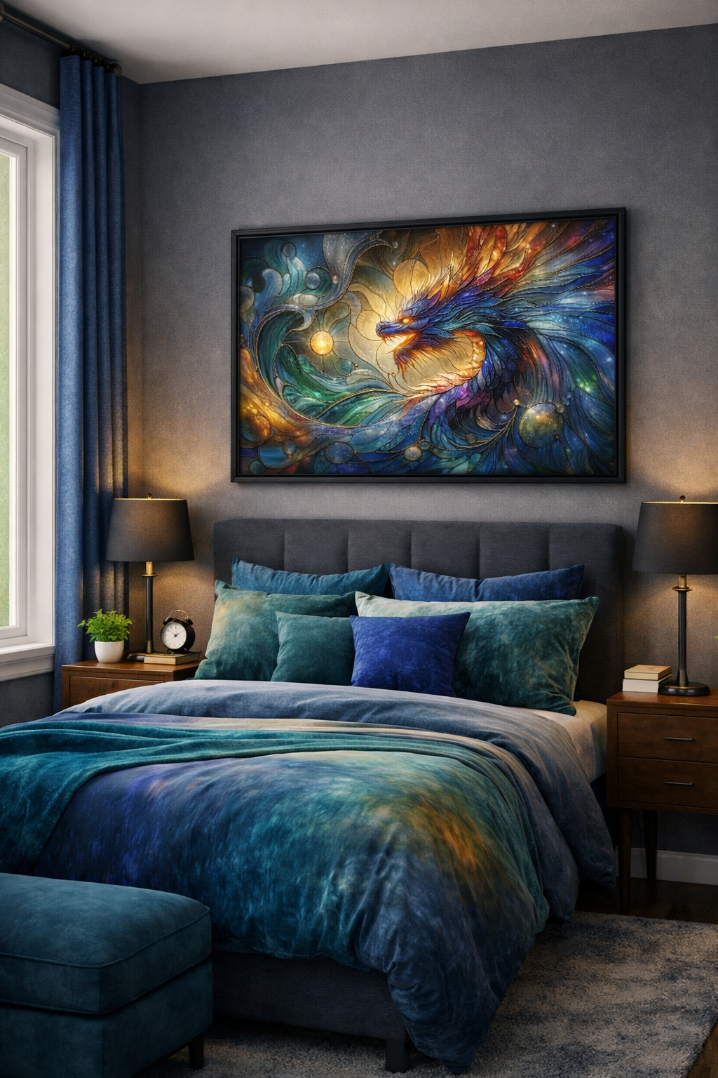 Poster premium encadré vitrail dragon bleu et or, ailes en spirale, symbole de force et puissance, dans un intérieur chambre moderne apaisante sur un mur gris. Art symbolique contemporain - SEVEIA.