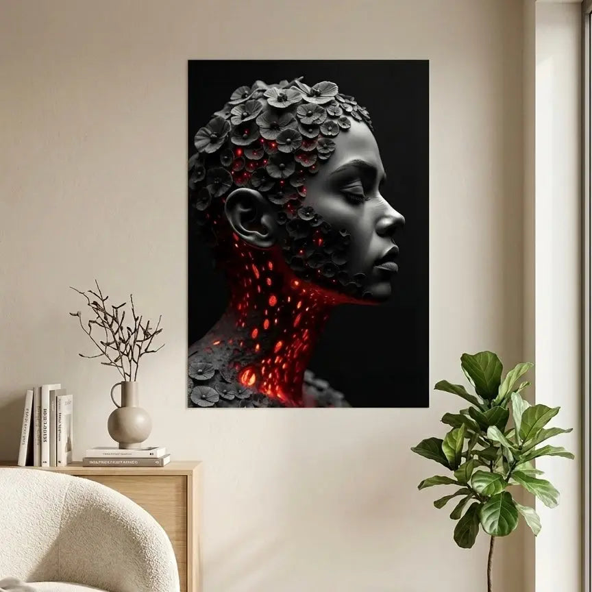 poster d'art contemporain représentant un visage sculptural traversé de fissures volcaniques lumineuses, symbole de transformation intérieure aux couleurs noir grise et rouge – SEVEIA