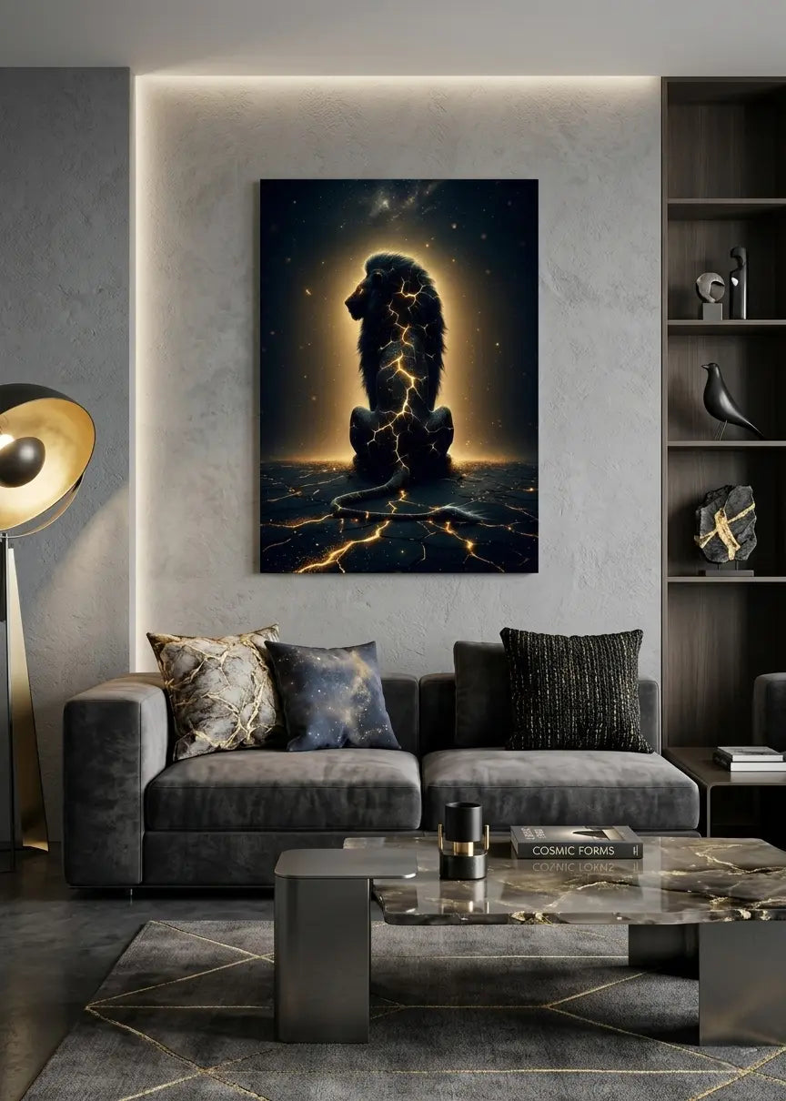 poster premium d'un Lion assis avec fissures lumineuses dorées sur le corps, art symbolique contemporain représentant la résilience et la force intérieure pour décoration murale dans un intérieur moderne sur un mur gris - SEVEIA.
