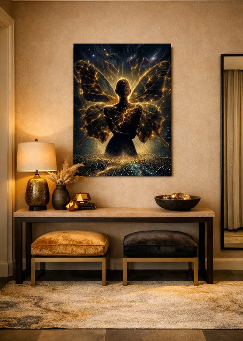 Affiche premium d'art contemporain représentant  une silhouette de femme-papillon cosmique incandescent avec des fissures lumineuses dorées et une aura stellaire dans un intérieur entrée cosy sur un mur beige - SEVEIA