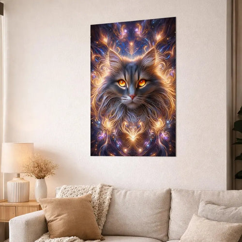 Poster premium d'un chat cosmique aux yeux lumineux avec motifs énergétiques colorés, art symbolique sur l’intuition et le mystère. Art symbolique contemporain SEVEIA.