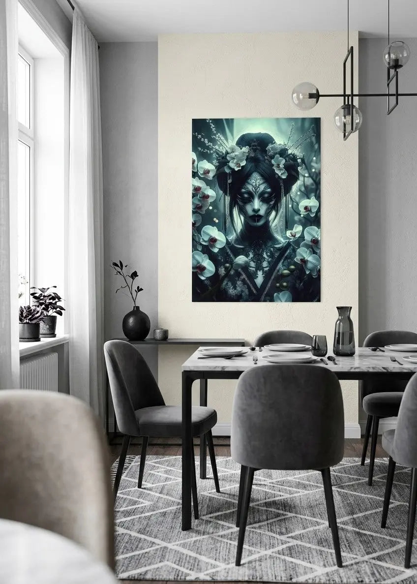 poster d'art contemporain représentant une geisha entourée de fleurs d'orchidées dans un intérieur minimaliste aux teintes grises, art murale artistique aux tons naturels blanc et noir – SEVEIA
