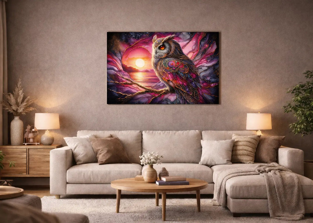 poster d'art contemporain représentant un hibou sur une branche devant un coucher de soleil dans un intérieur minimaliste aux teintes beiges et bois, décoration murale artistique aux tons roses et violets – SEVEIA