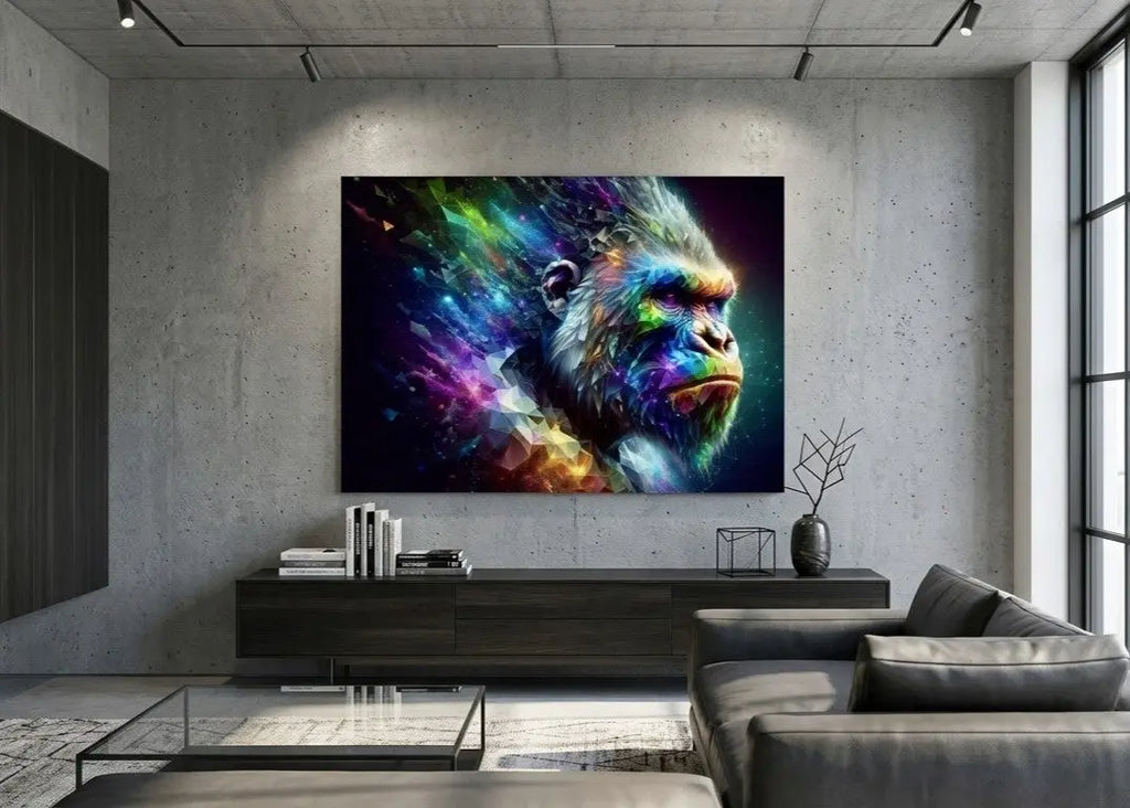 poster d'art contemporain représentant un gorille aux formes géométriques aux couleurs vives dans un intérieur moderne aux teintes gris et noir, décoration murale artistique multicolore – SEVEIA 