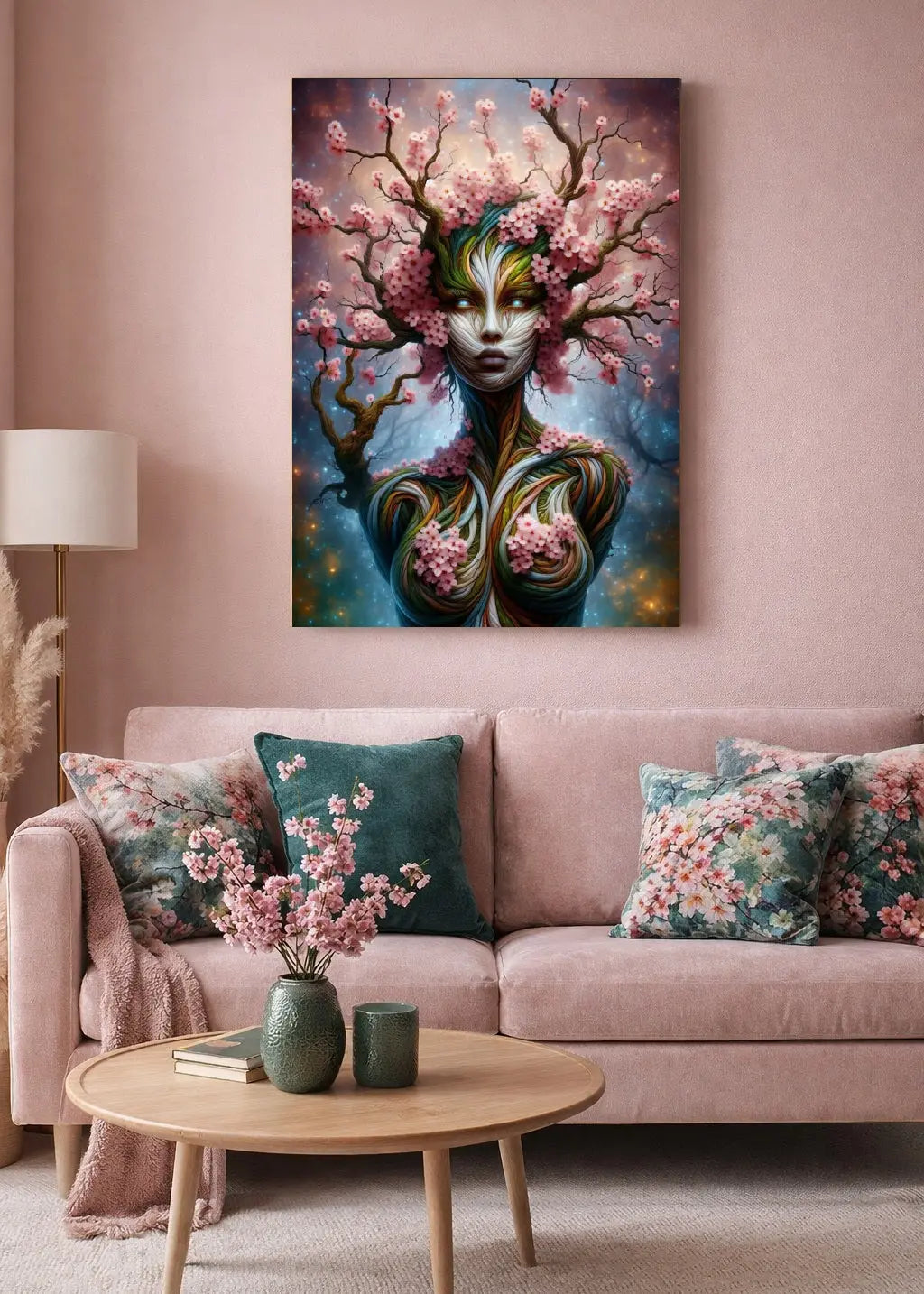 Poster premium représentant une femme-arbre aux fleurs de cerisiers roses dans un intérieur salon minimaliste contemporain sur un mur rose poudré. Art symbolique contemporain SEVEIA.