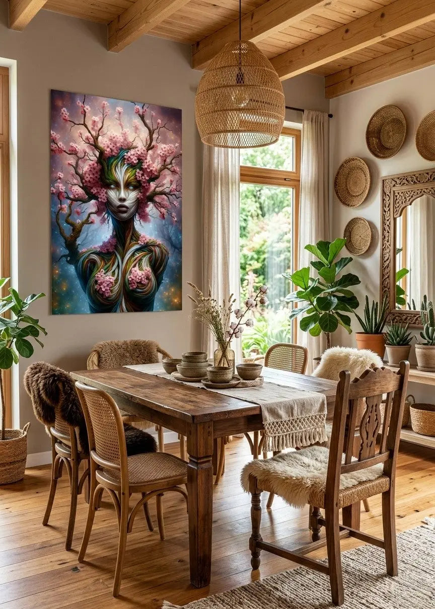 poster d'art contemporain représentant une femme végétale entourée de fleurs de cerisier dans un intérieur bohème, décoration murale artistique aux tons naturels roses verts et organiques – SEVEIA