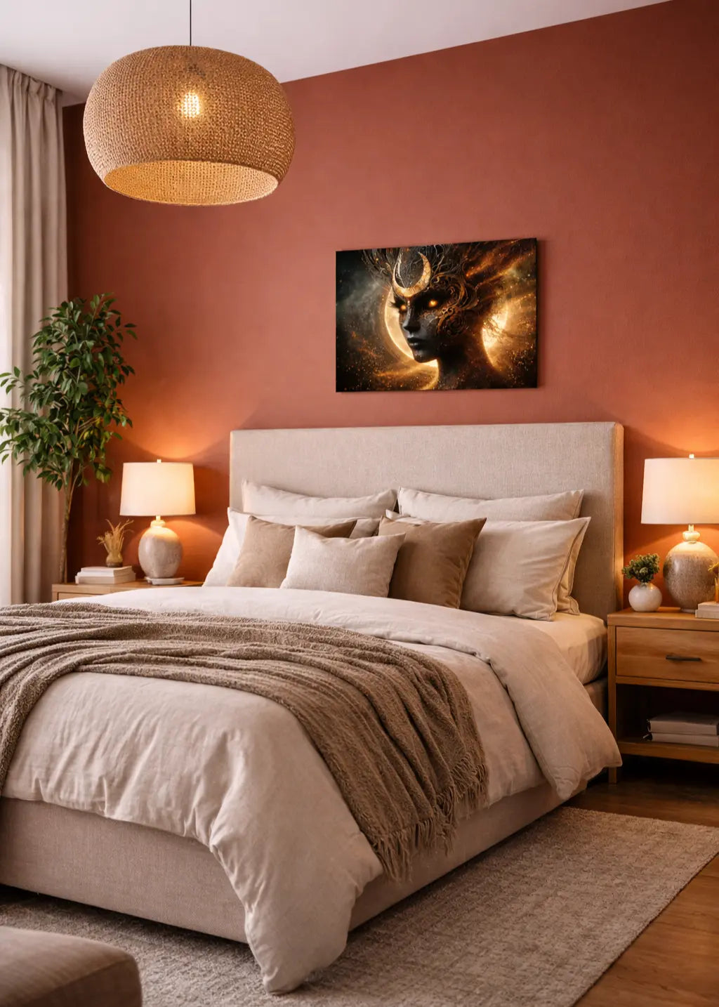 poster d'art contemporain représentant un visage de femme formant une éclipse lumineuse dans un intérieur minimaliste aux teintes terracota et beige, œuvre symbolique aux tons noirs et or – SEVEIA