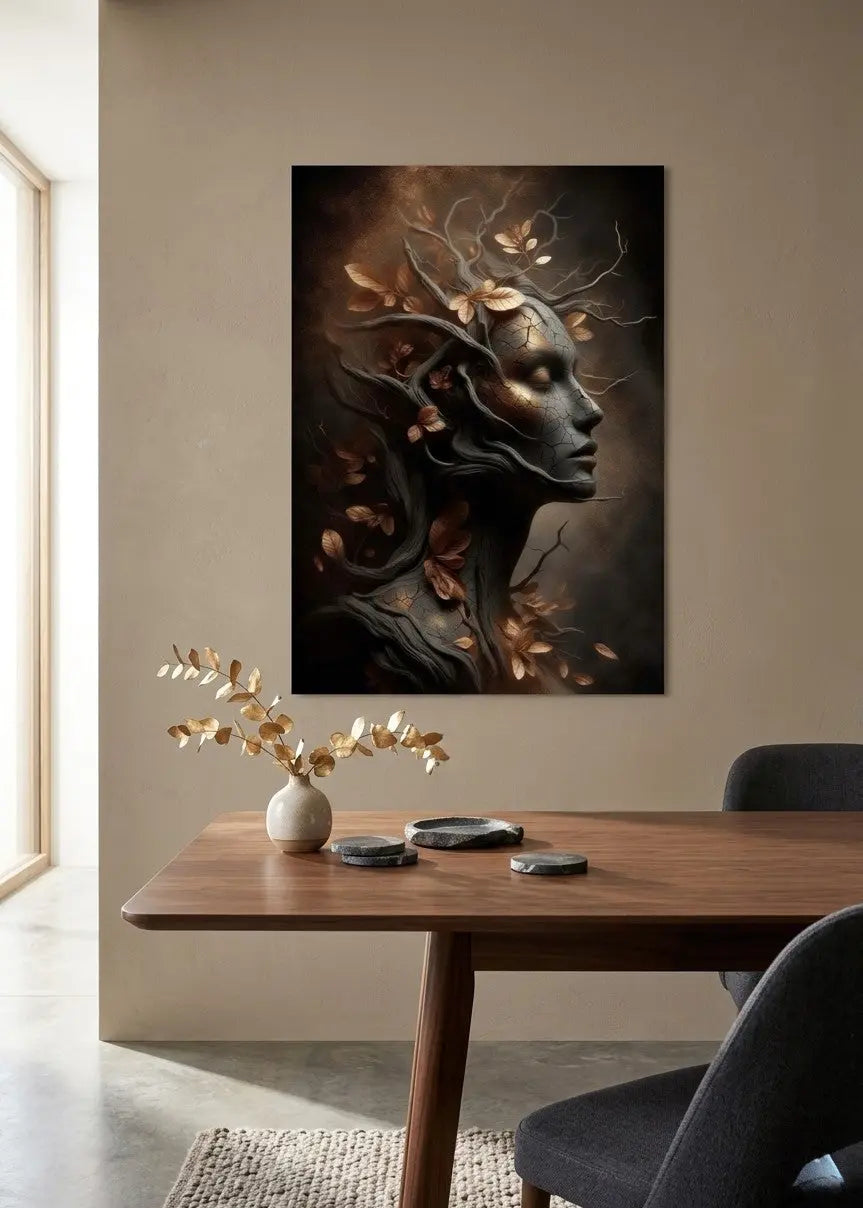 poster d'art contemporain représentant un visage enraciné entouré de fleurs dans un intérieur minimaliste aux teintes beiges et bois, décoration murale artistique aux tons naturels cuivrés et organiques – SEVEIA