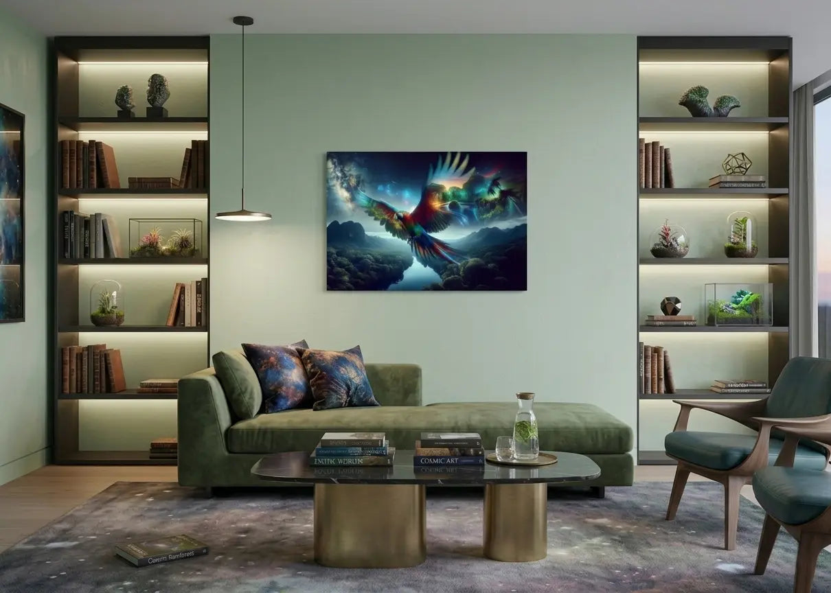 Poster d'art contemporain représentant  un perroquet lumineux en plein vol avec des plumes multicolores rayonnantes et un paysage de jungle dans un salon moderne sur un mur vert clair - SEVEIA