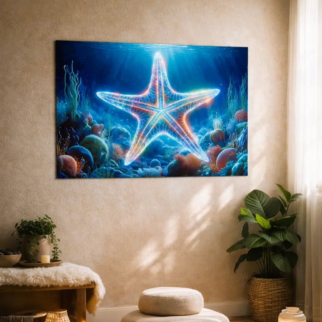 Poster étoile de mer lumineuse art symbolique récif corallien bleu nuit. Art symbolique contemporain SEVEIA.