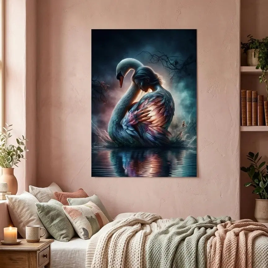 poster d'art contemporain représentant un cygne aux plumes lumineuses enlacé par une femme se reflétant dans l'eau, symbole d'origine et de pureté aux couleurs irisées – SEVEIA