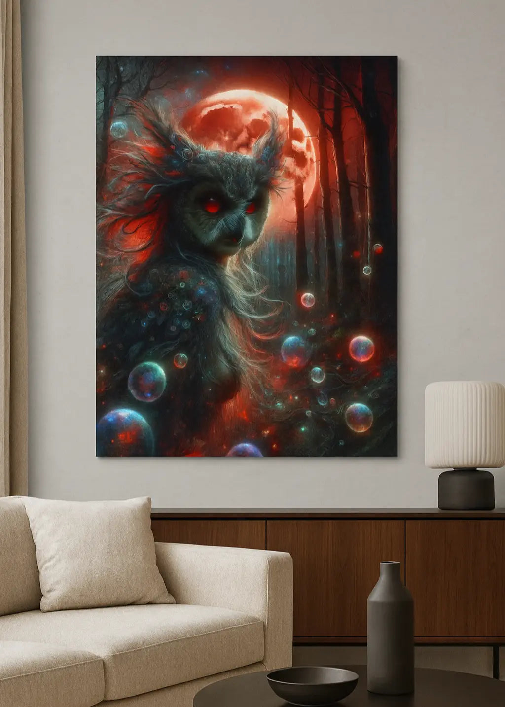 poster d'art contemporain représentant une femme hibou dans la forêt avec une lune rouge et des bulles irisées, dans un intérieur aux tons naturels et organiques pour décoration murale – SEVEIA