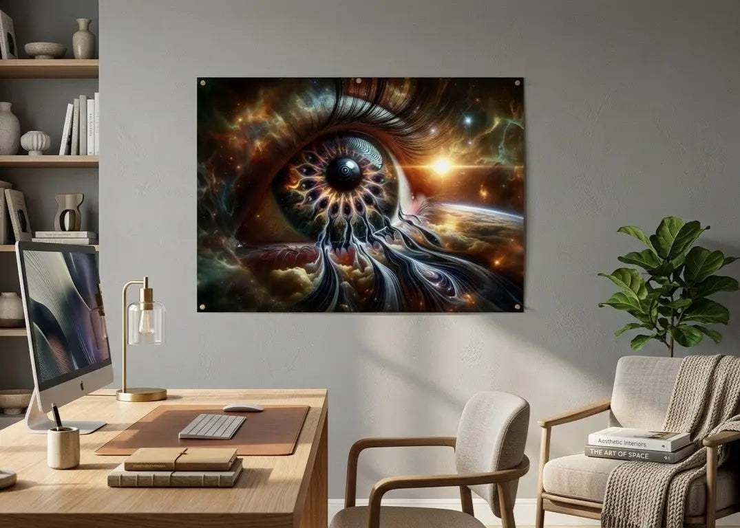poster d'art contemporain représentant un oeil aux reflets géométriques dans un ciel cosmique dans un intérieur minimaliste gris et bois, décoration murale artistique multicolore – SEVEIA 