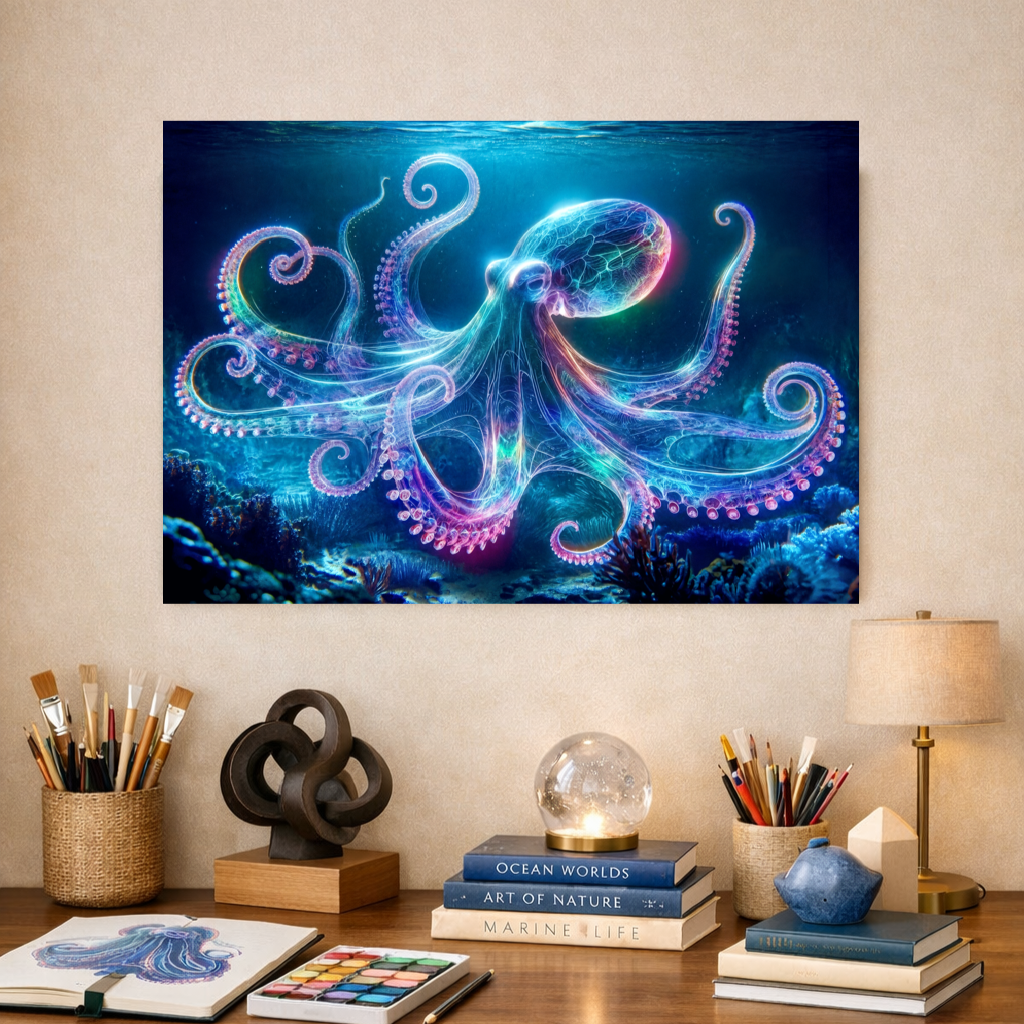 Poster pieuvre bioluminescente tentacules multicolores art symbolique fond marin sombre. Art symbolique contemporain - SEVEIA.