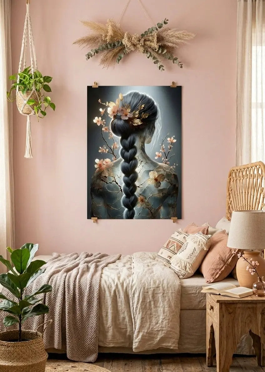poster d'art contemporain représentant une femme au dos facturé avec une belle tresse et des fleurs roses dans un intérieur bohème rose poudré, décoration murale artistique aux tons gris et roses – SEVEIA