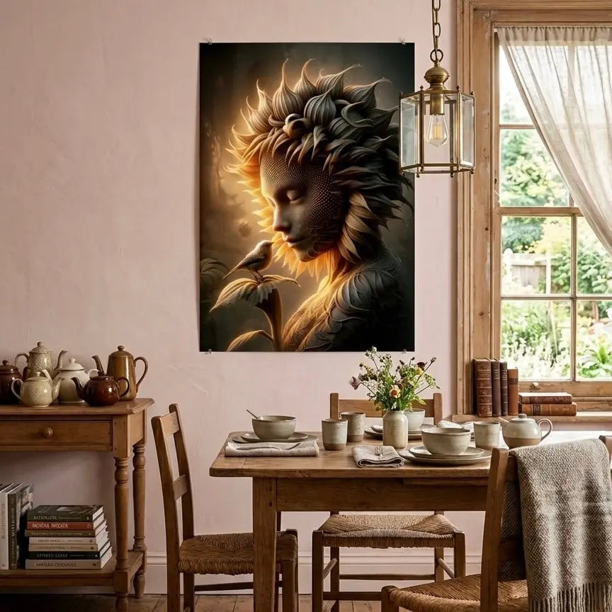 poster d'art contemporain représentant un visage solaire entouré de feuilles et de lumière dorée, symbole de renaissance et d'harmonie avec la nature aux couleurs jaunes et lumineuses  – SEVEIA