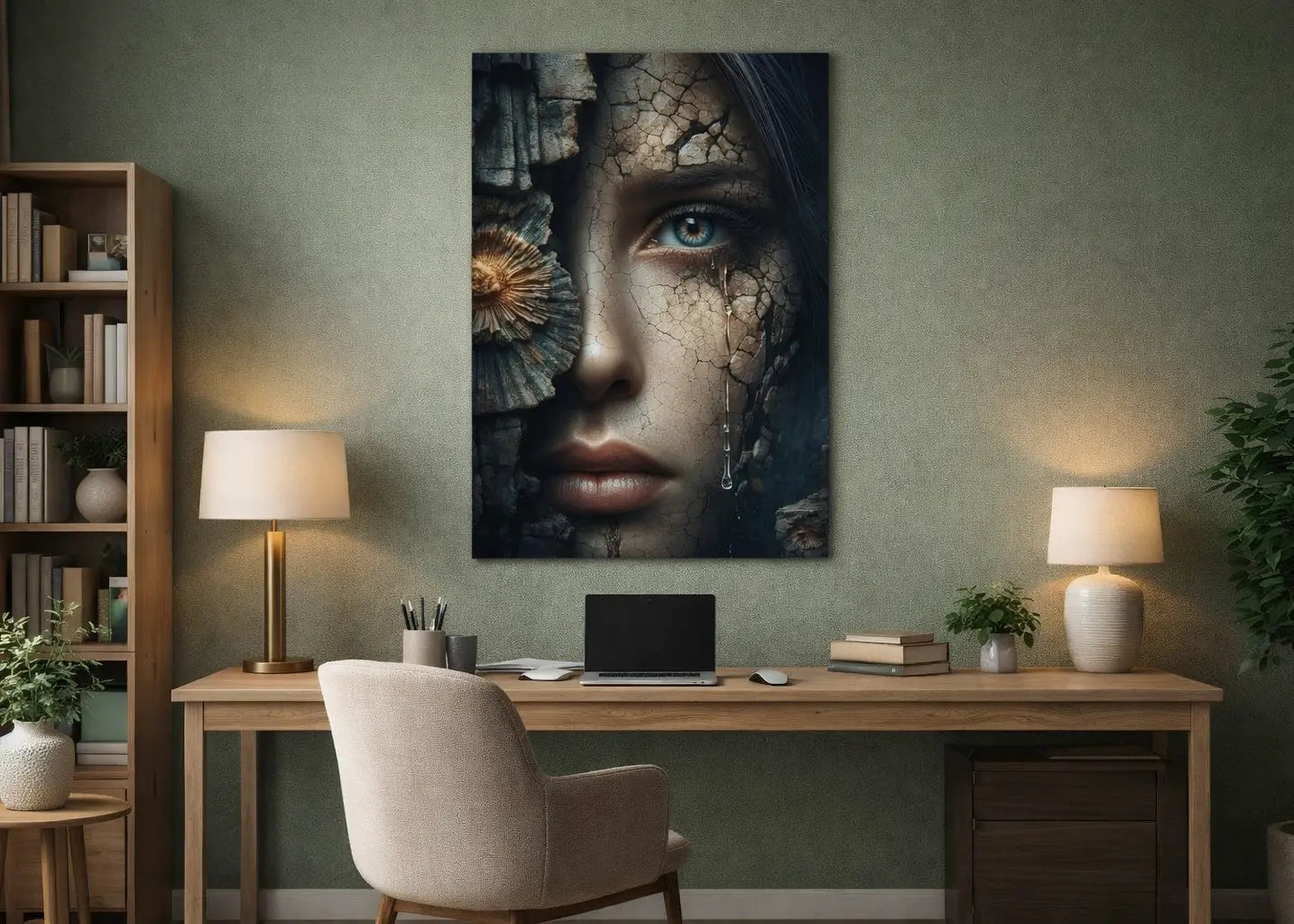 poster d'art contemporain représentant un visage de femme craquelé entouré de matières naturelles et organiques dans un intérieur minimaliste aux teintes vertes et beiges, décoration murale artistique aux teintes grises – SEVEIA