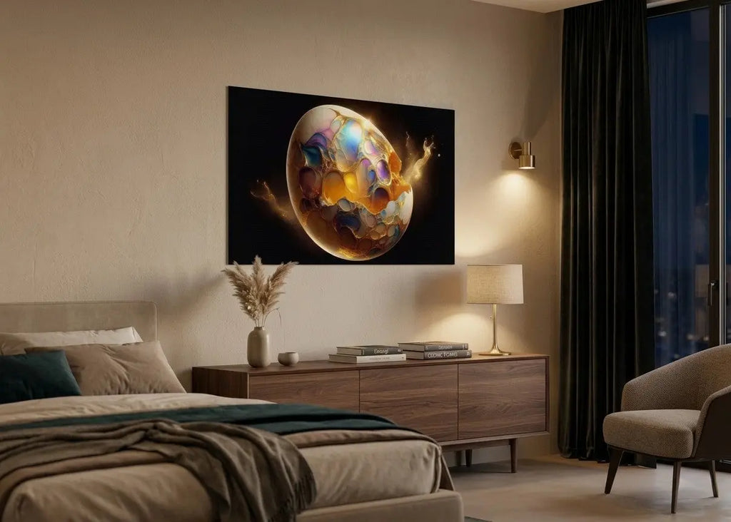 poster d'art contemporain représentant un oeuf craquelé avec des éclaboussures dorées dans un intérieur minimaliste aux teintes beige et marron, décoration murale artistique aux tons multicolores et or sur fond noir – SEVEIA