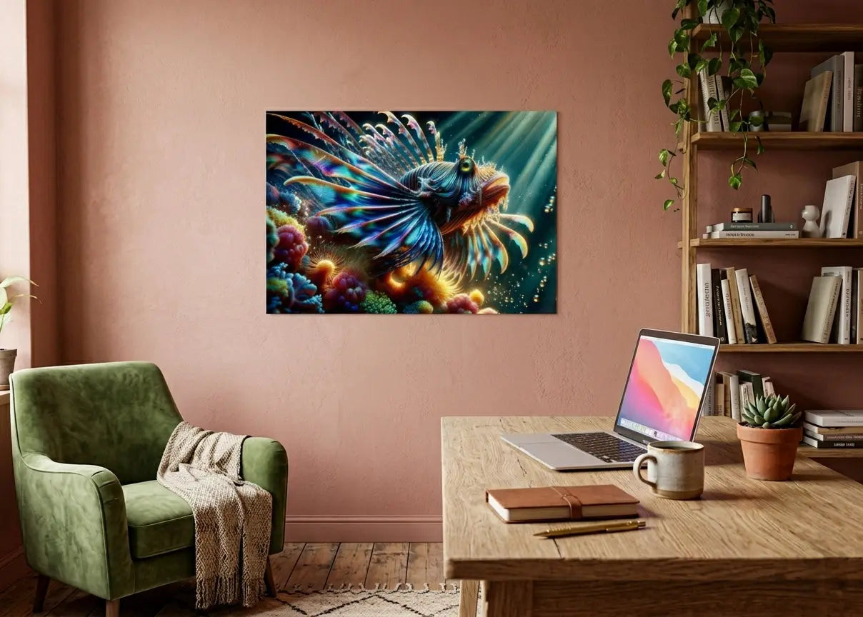 Poster art contemporain représentant un poisson‑lion coloré nageant parmi les coraux multicolores dans une scène océanique lumineuse - SEVEIA