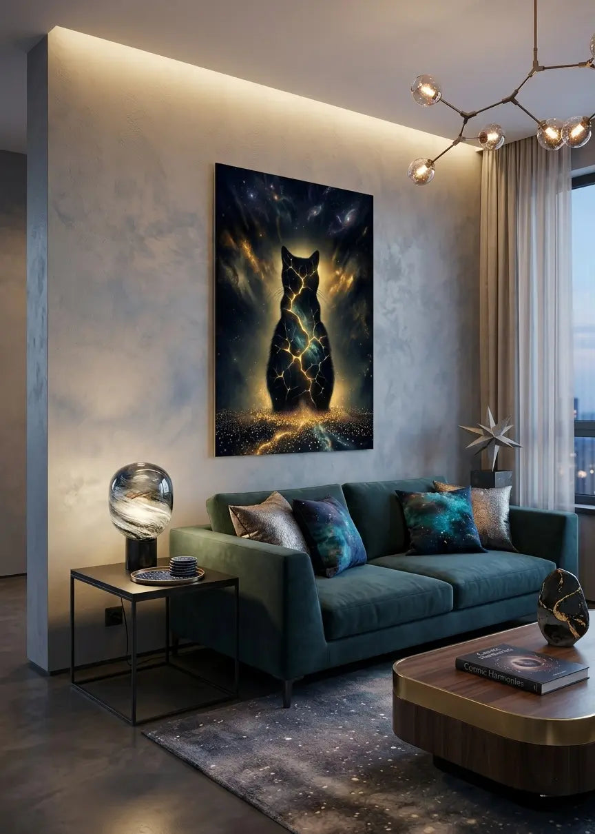 Poster d'art contemporain représentant  un chat cosmique incandescent avec des fissures lumineuses dorées et une aura stellaire dans un intérieur moderne et lumineux sur un mur gris clair - SEVEIA