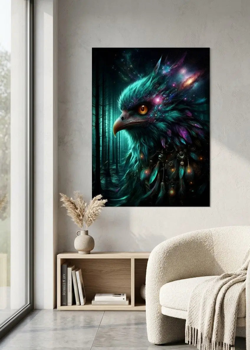 poster d'art contemporain représentant un oiseau aux plumes bleues vertes et violettes dans une forêt dans un intérieur minimaliste beige et gris, décoration murale artistique – SEVEIA 