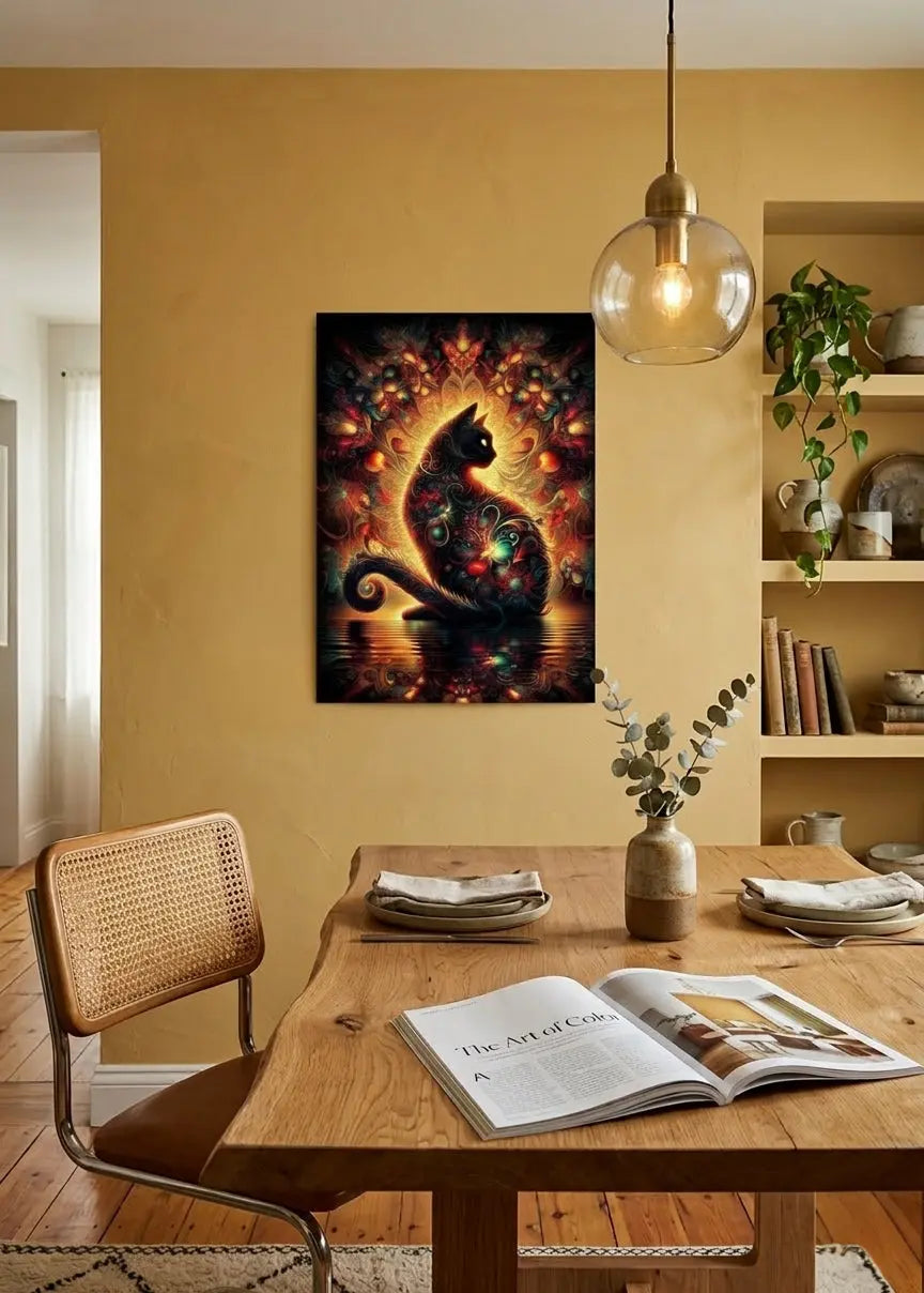 Poster art contemporain représentant un chat mystique orné de motifs colorés et entouré d’une aura lumineuse sur fond noir - SEVEIA