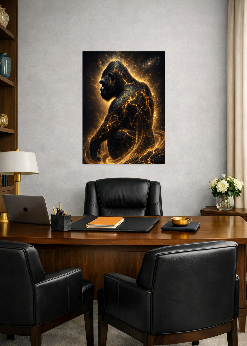 Poster premium d'art contemporain représentant  un gorille cosmique incandescent avec des fissures lumineuses dorées et une aura stellaire dans un intérieur bureau luxueux sur un mur gris - SEVEIA