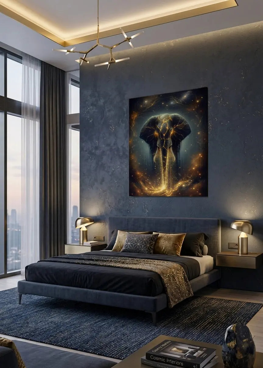 Poster d'art contemporain représentant  un éléphant doré céleste avec des fissures lumineuses et une aura spirituelle dans un intérieur moderne sur un mur gris ardoise  - SEVEIA
