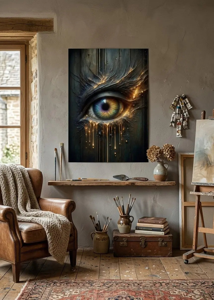poster d'art contemporain représentant un oeil émergeant d'une porte en bois avec des larmes dorées dans un intérieur minimaliste aux teintes beiges et bois, décoration murale artistique  grise et or – SEVEIA 