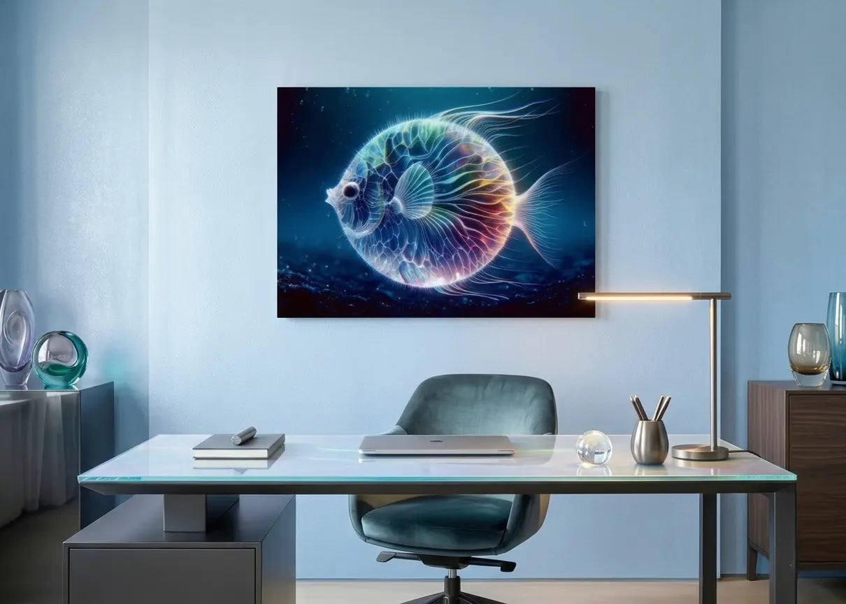 Poster d'art contemporain représentant  un poisson boule néon translucide nageant dans un environnement marin lumineux sur un mur bleu ciel dans un intérieur moderne - SEVEIA