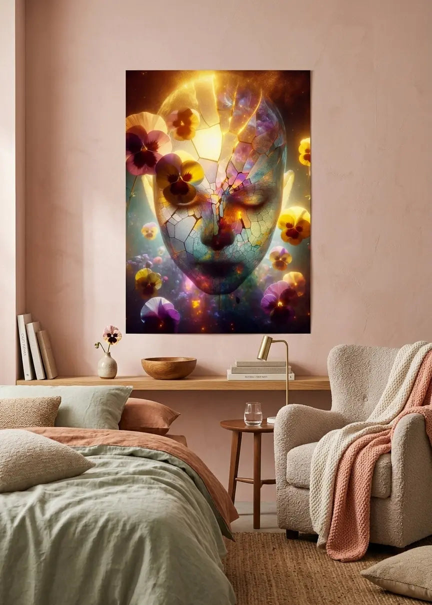 Poster d'art contemporain représentant un portrait de femme porcelaine craquelée avec fleurs colorées intégrées aux fissures - SEVEIA