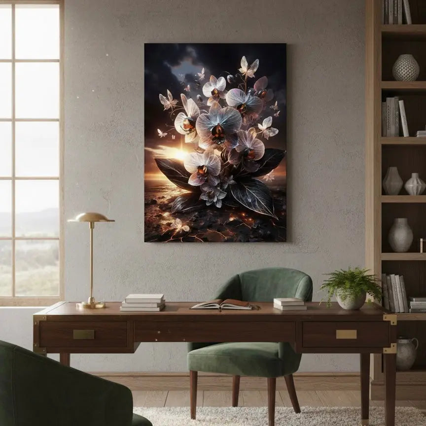 poster d'art contemporain représentant une fleur d'orchidée blanche lumineuse surgissant de la terre, symbole d'origine et de naissance de la vie – SEVEIA