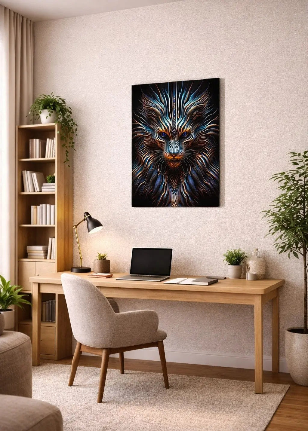 poster d'art contemporain représentant un lion au regard bleu entouré d'une crinière lumineuse dans un intérieur minimaliste aux teintes beiges et bois, œuvre symbolique aux tons noirs et blancs – SEVEIA