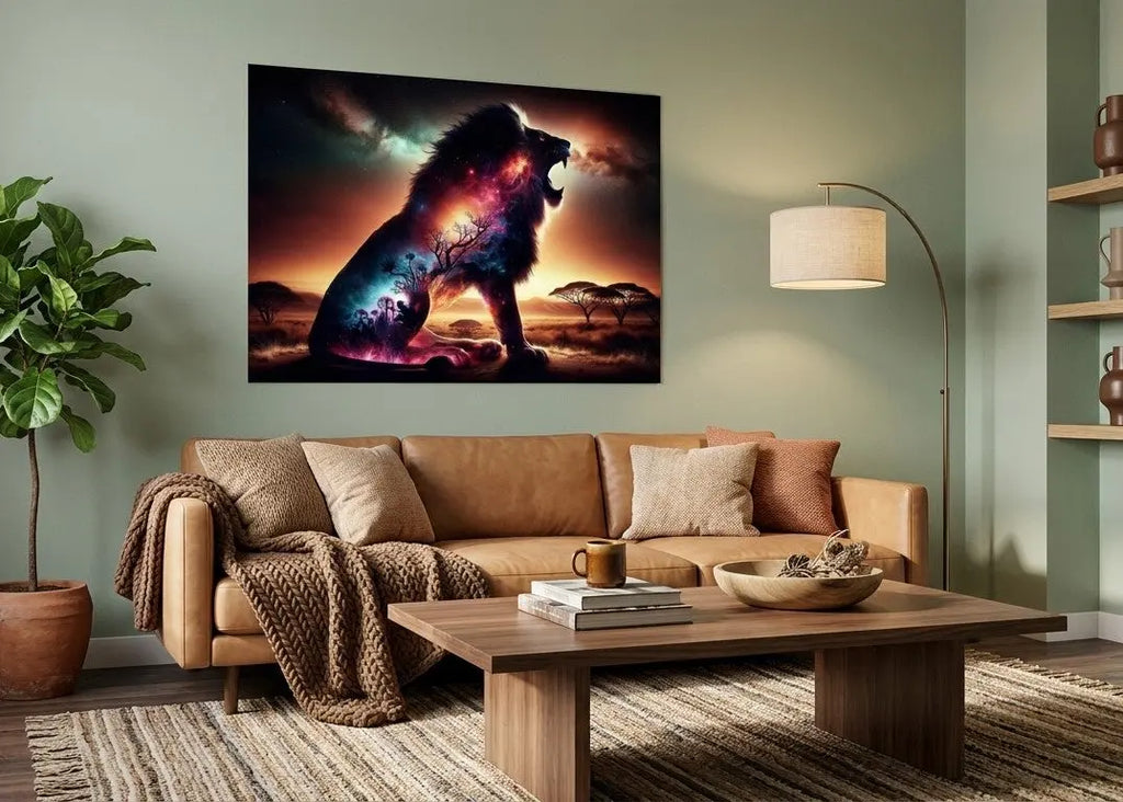 poster d'art contemporain représentant un lion à l'intérieur végétal et cosmique dans la savane dans un intérieur minimaliste aux teintes vert et bois, décoration murale artistique aux tons multicolores – SEVEIA